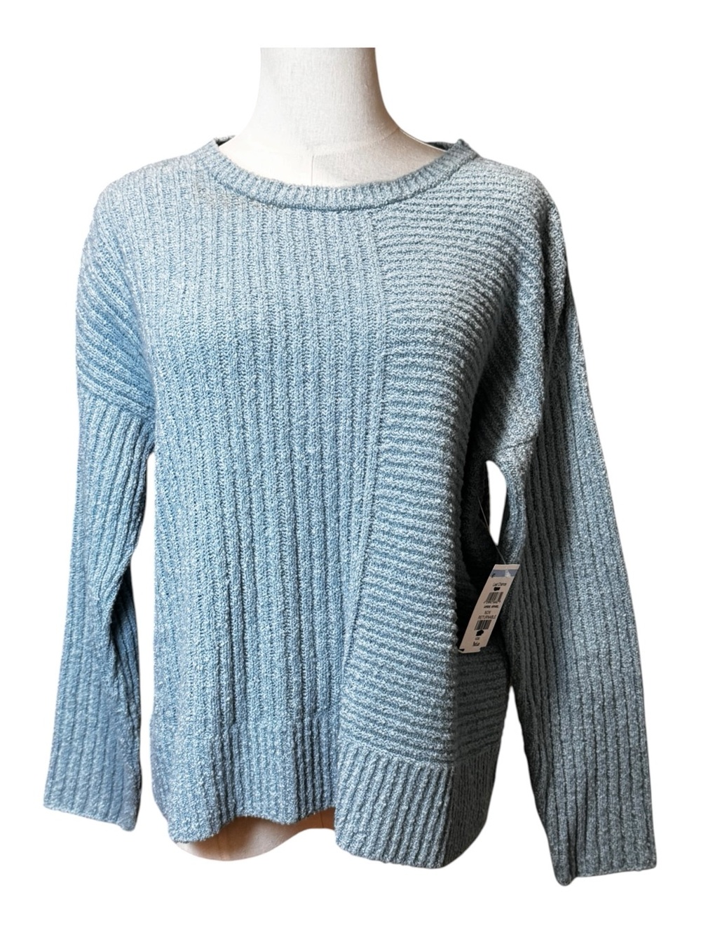 NWT Eileen Fisher Organic Cotton Boucle Textured Boxy Ribbed Sweater Blue MP